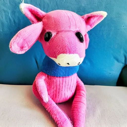 Image similar to photo of pink stuffed animal, kangaroo, blue sweater