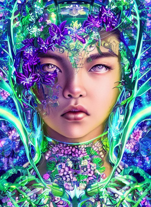 Image similar to portrait of Lalisa Manobal as a Celestial Goddess of a futuristic pearlescent holographic, inside future fighter, sci-fi, fantasy, intricate, lush garden spaceship with sakura season flowers in Kyoto Japan, elegant, human anatomy, royal green and nature light, highly detailed, digital painting, artstation, concept art, smooth, sharp focus, illustration, art by James Jean, masterpiece, 3d blender