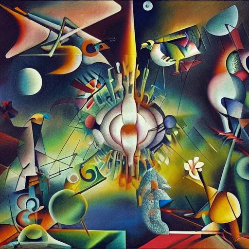 Prompt: a hd surrealism painting of tropical birds inside galactic hypercube sculptures by dali and kandinsky, ultra detailed, 8k