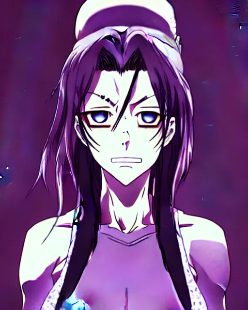 Image similar to style of madhouse studio anime, black lagoon manga, loish, artgerm, comic art, portrait of revy from black lagoon, symmetrical eyes and symmetrical face, jean shorts, white tank top, purple hair, sarcastic evil smirk on face, sky and ocean background