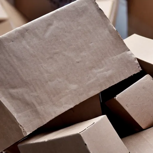 Image similar to broken and damaged cardboard box pulled apart, ripped, wrapped in fragile tape