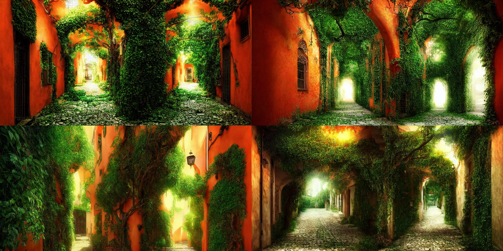 Prompt: concept artwork realistic detailed photography 4 k stylized old jaffa overgrown suspended orange tree green ivy alley contrast shadows artstation