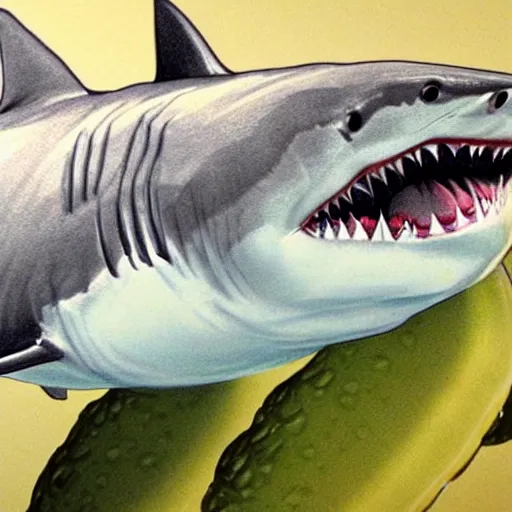 Image similar to great white shark eating pickles. hyperdetailed photorealism