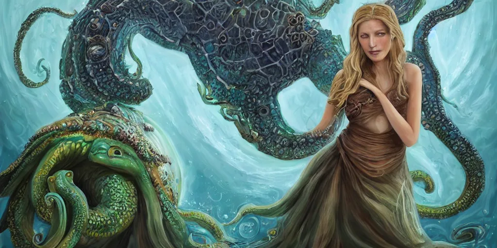 Prompt: Fantasy fairytale style portrait painting, Great Leviathan Turtle, cephalopod, Cthulhu Squid, hybrid, Mythic Island, center Universe, accompany Cory Chase, Blake Lively, Anya_Taylor-Joy, Grace Moretz, Halle Berry, Mystical Valkyrie, Anubis-Reptilian, Atlantean Warrior, hybrid, intense fantasy atmospheric lighting, digital oil painting, hyperrealistic, François Boucher, Michael Cheval, Oil Painting, Cozy, hot springs hidden Cave, candlelight, natural light, lush plants and flowers, Spectacular Mountains, bright clouds, luminous stellar sky, outer worlds, Jessica Rossier, michael whelan, William-Adolphe Bouguereau, Solar Flare HD,