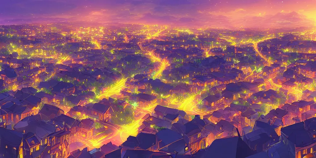 Prompt: beautiful night view of a town from a hill, award - winning digital art, anime