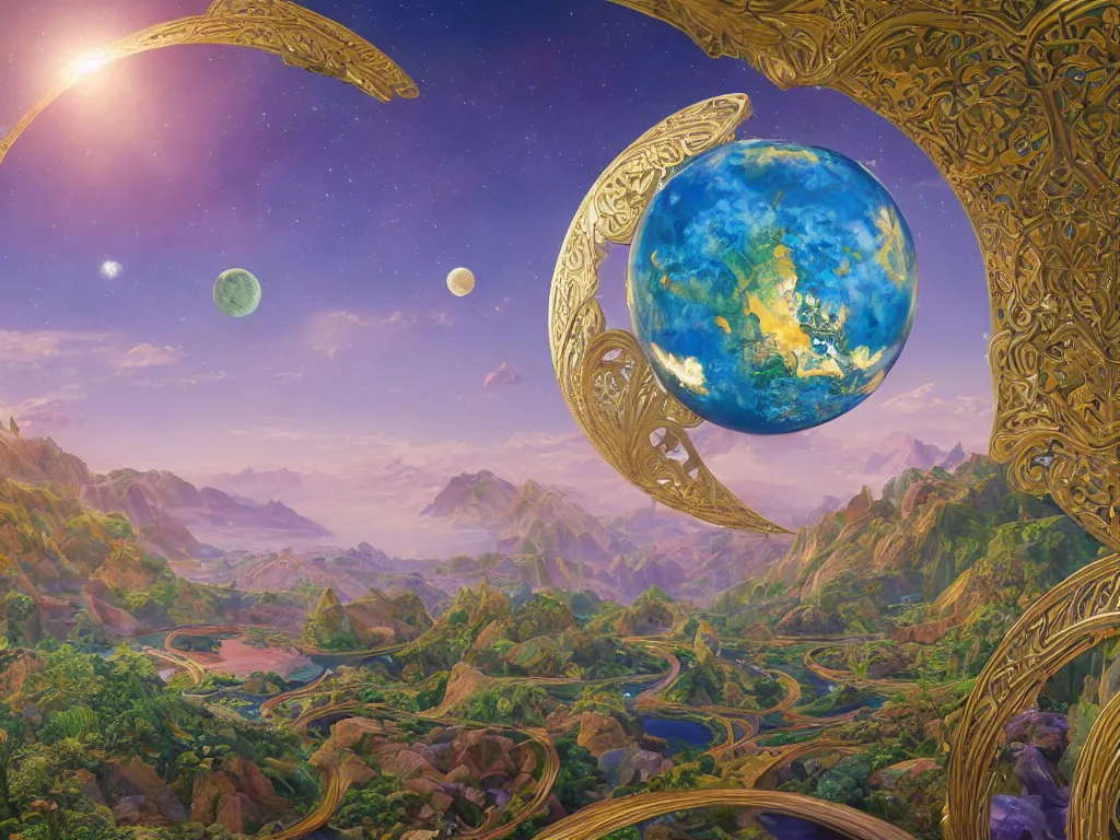 Prompt: The universe is a spheroid region 705 meters in diameter, 3d render, Sunlight Study, by Marianne North and ((((Lisa Frank)))), Art Nouveau, 8k, extreme detail, sharp focus, octane render