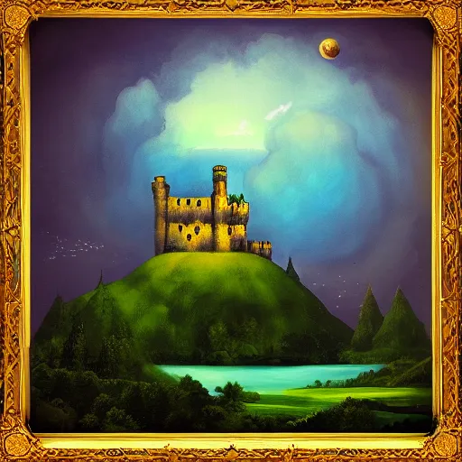 Prompt: dark teal castle floating on a cloud, stars in the distance, fantasy realm, golden windows, beautiful, painting by Michaelangelo