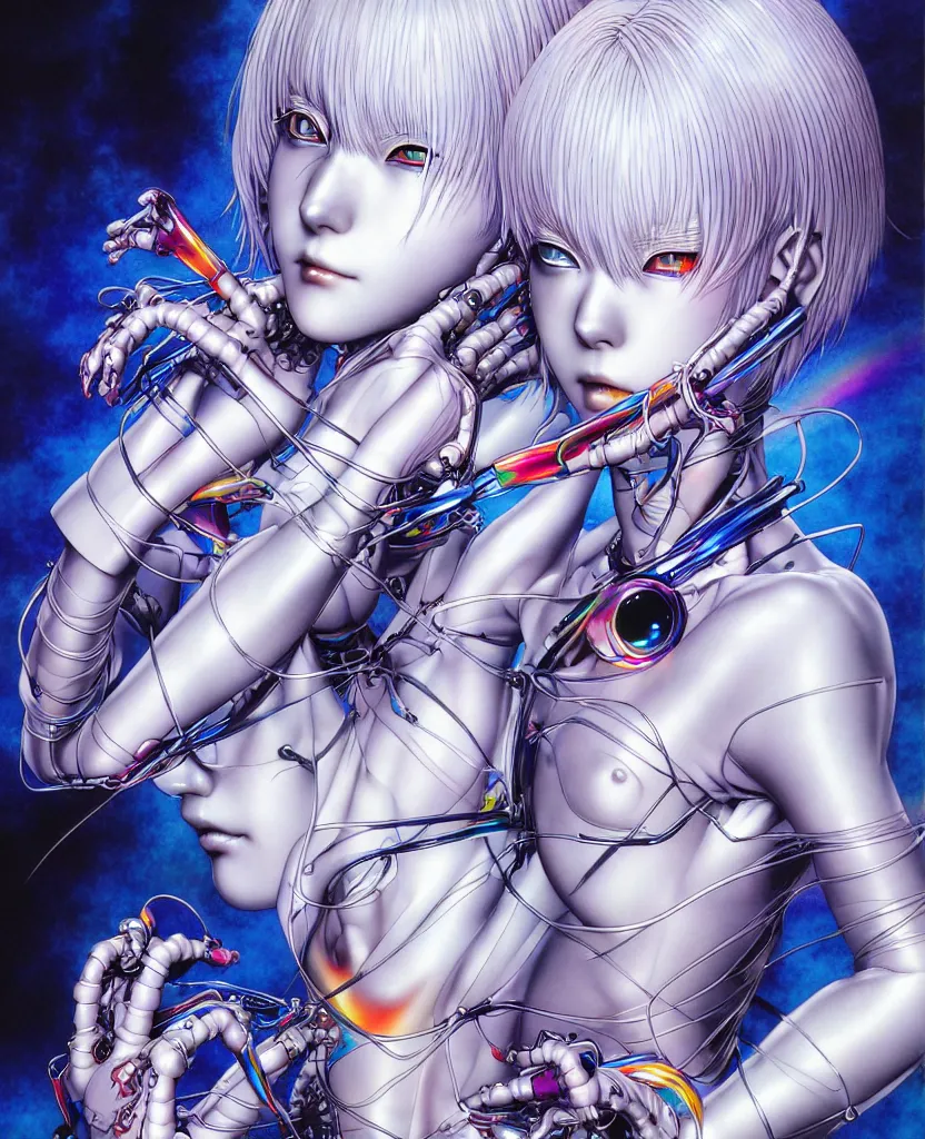 Image similar to realistic detailed image of ultra mega rainbow realistic detailed female character rei ayanami symmetrical depth perception masterpiece depth of field action horror gothic vivid colors art by yoshitaka amano by yukito kishiro by yoshiyuki sadamoto by artgerm by hajime sorayama