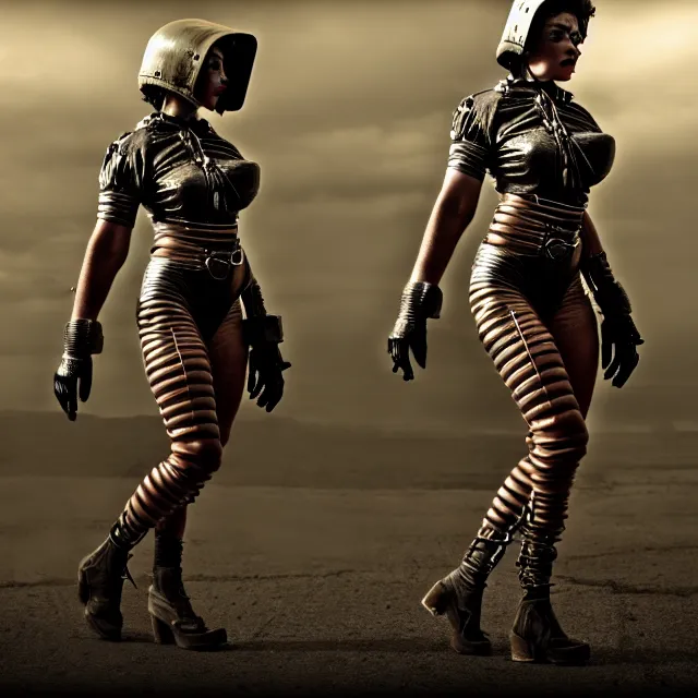 Image similar to full length photo of a very beautiful female atompunk warrior, 8 k, hdr, smooth, sharp focus, high resolution, award - winning photo