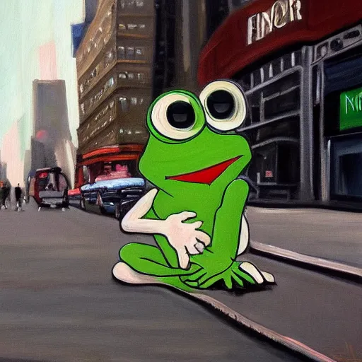 Prompt: pepe the frog is depressed on the streets of new york city, oil painting, realism, high quality, detailed, 4 k