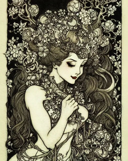 Image similar to burlesque elf, flowers in hair, fantasy character portrait, ultra realistic, concept art, intricate details, art nouveau, japanese woodblock, cinematic, highly detailed by arthur rackham