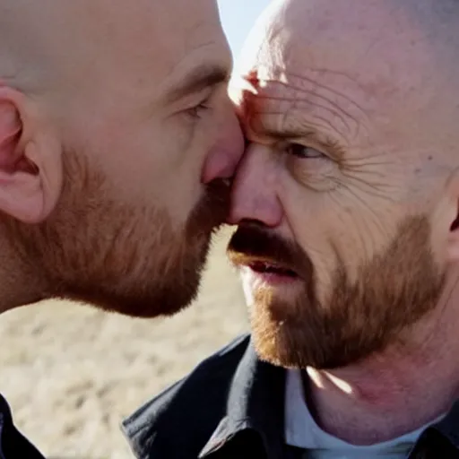 Image similar to a still from breaking bad of Jesse Pinkman kissing Walter White, close-up, highly detailed skin