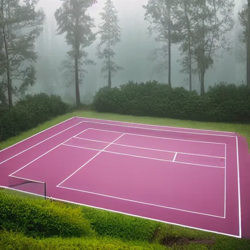 Prompt: A tennis court in color of pink surrounding by forest in the misty morning