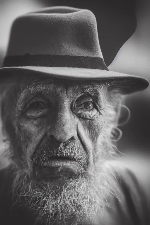 Image similar to sepia close up photograph of an old man with a worn face and trilby smoking a cigarette staring sadly into the camera, Nikon 50mm f/1.8G, award winning, detailed, 4K