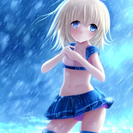 Image similar to full body shot : a very beautiful young blond anime girl in a snowstorm, beanie, sky blue eyes,, bikini, miniskirt, highly detailed, cinematic wallpaper by stanley artgerm lau