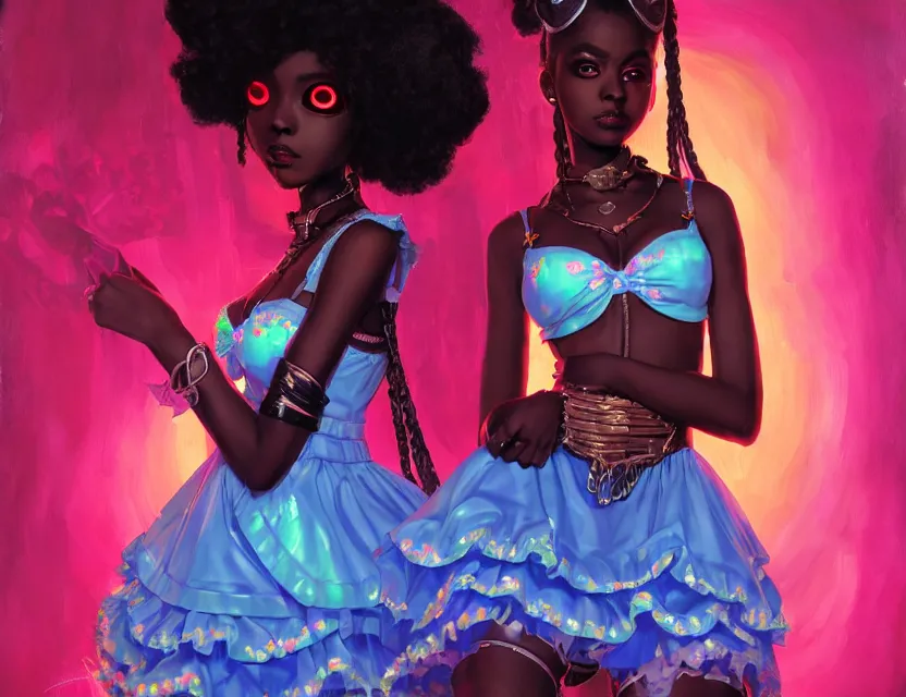 Prompt: black - skinned princess in a opal palace, wearing a lolita dress with cyberpunk elements. this oil painting by the award - winning mangaka has an interesting color scheme and impeccable lighting.