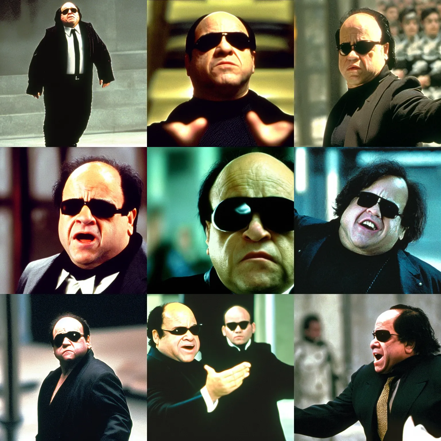 Prompt: Danny DeVito as Neo in the matrix, movie still