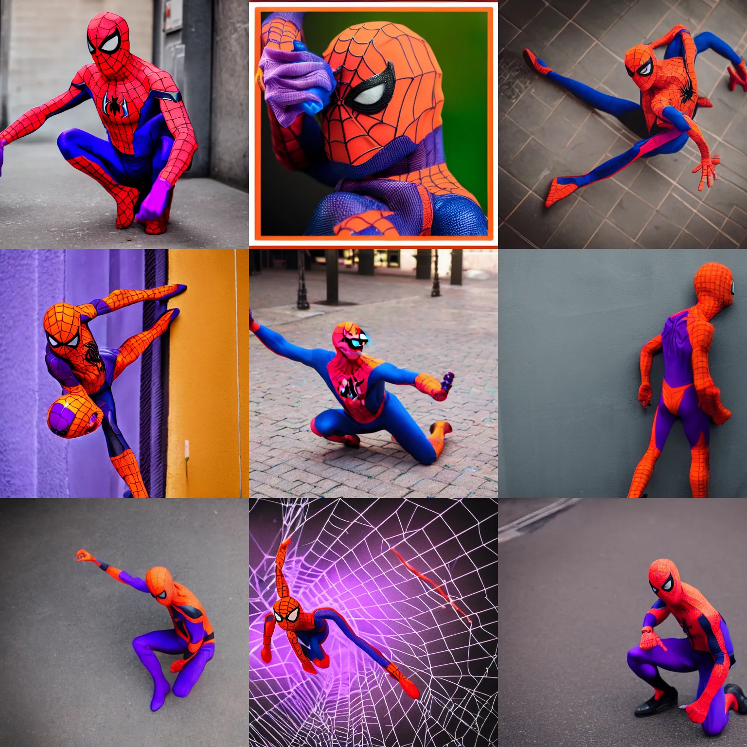 Prompt: dslr photo of orange and purple spider-man