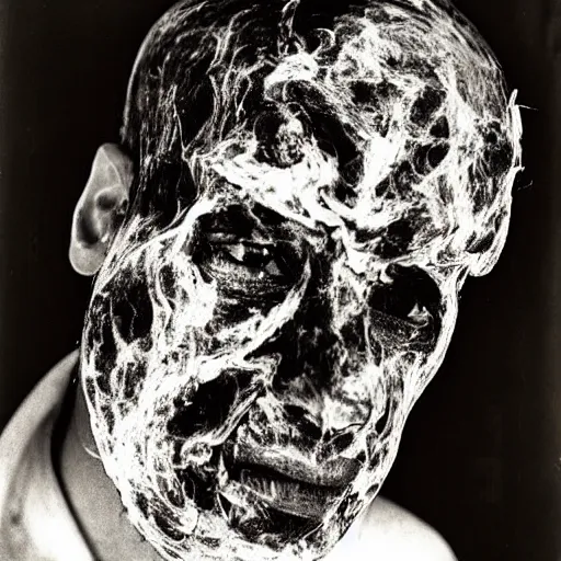 Prompt: black and white photograph the burned man wrapped in linen portrait dramatic lighting by Walker Evans