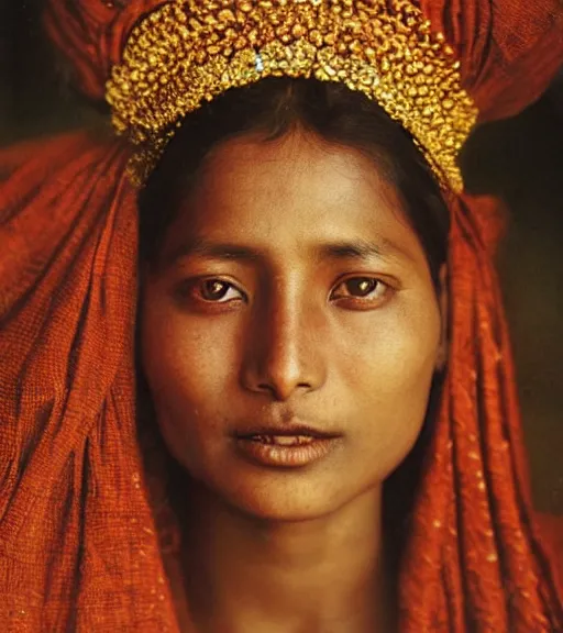 Image similar to vintage_closeup portrait_photo_of_a_stunningly beautiful_nepalese_woman with amazing shiny eyes, 19th century, hyper detailed by Annie Leibovitz and Steve McCurry