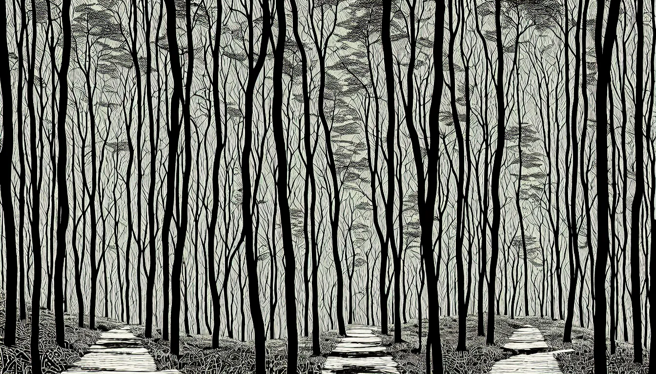 Image similar to hiking trail beneath trees by dan mumford and peter doig and edward hopper, symmetrical, minimal, black ink, thick lines highly detailed, muted colours 8 k