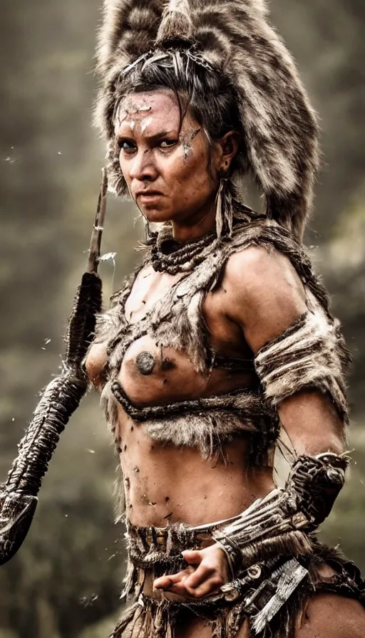 Image similar to sweated ancient princess tribewoman ready to fight, partially destroyed armor inspired monster hunter, low shot camera, muscular, symmetrical face, clean face, subtle make up, debris and arrows flies around her, frozen time effect,dramatic lighting, cinematic, establishing shot, extremely high detail, photorealistic, 300 the movie,monster hunter the movie, dune the movie, cinematic lighting, artstation, octane render, western,old photo, vintage