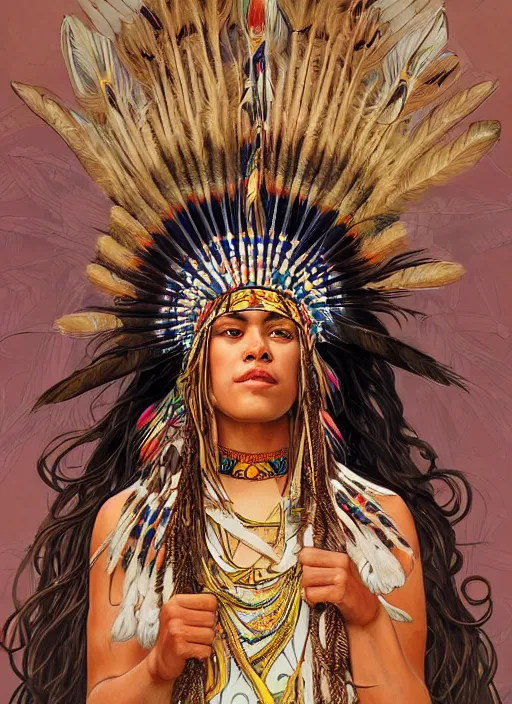 Prompt: portrait of Cree Summer as beautiful native american woman wearing an elaborate headdress, intricate, elegant, highly detailed, centered, digital painting, artstation, concept art, smooth, sharp focus, illustration, art by android jones and donato giancola and alphonse mucha