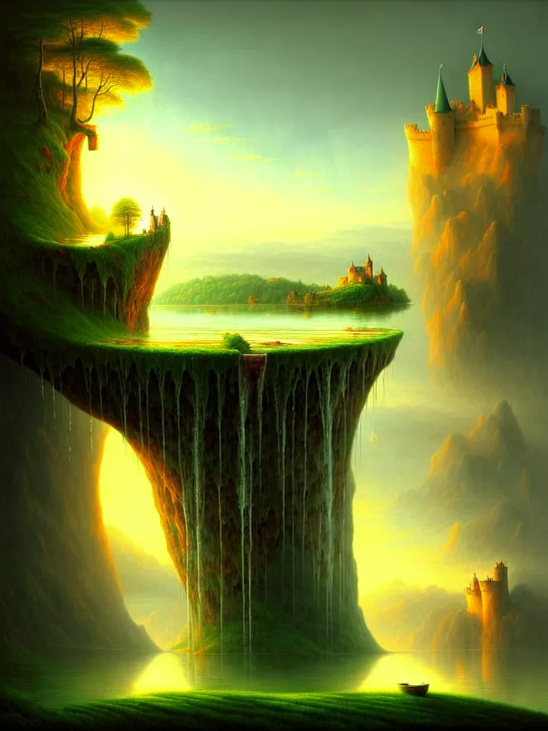 Prompt: gediminas pranckevicius an immense gigantic ornated iron cup with a lake inside, water in excess droping by thomas cole, boats, castle, sunset, volumetric light, godrays