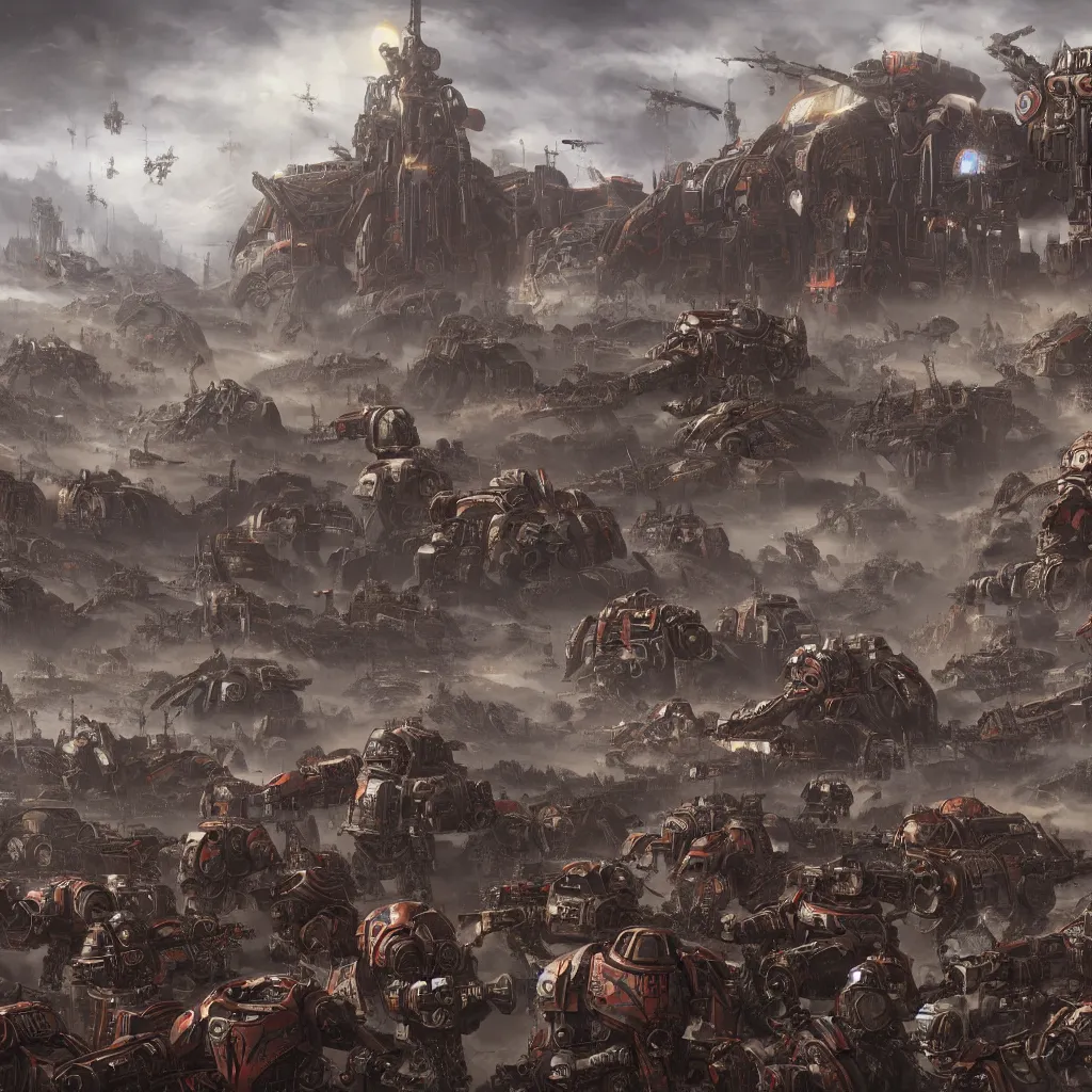 Prompt: matte painting of Adeptus Mechanicus legion, by Lewis Jones, praise the omnissiah, preparing for battle, concept art, cool hue, cool tone, digital painting, Warhammer 40K, cybernetics, high detail