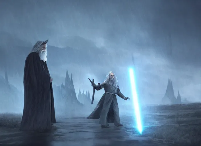 Image similar to gandalf using electric magic against darth vader, beautiful landscape, dramatic lighting, cinematic, establishing shot, night time, heavy rain, extremly high detail, photorealistic, cinematic lighting, post processed, concept art, artstation, matte painting, style by greg rutkowsky