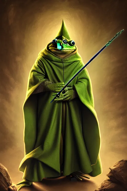 Image similar to frog mage in a cloak with a magic wand, in hogwarts, high details, volume light, best composition, 4 k