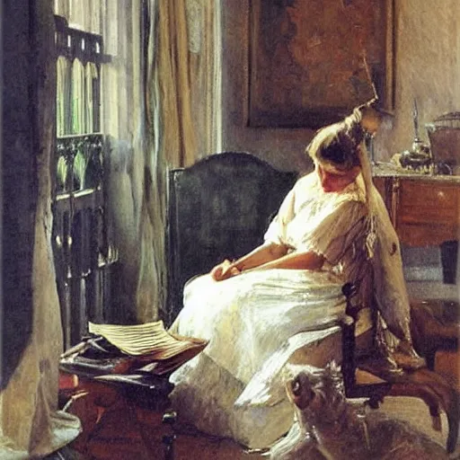 Image similar to a woman is writing a letter with a golden feather pen, by anders zorn, oil painting