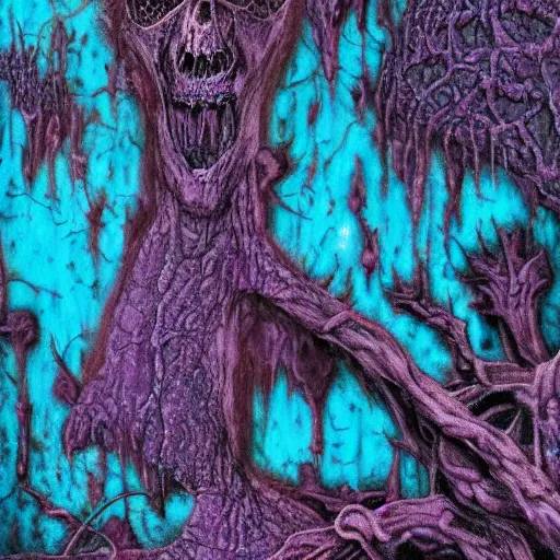 Prompt: a world of cold blue flesh with purple veins losing its molecular coherence, nightmare, horror, doom