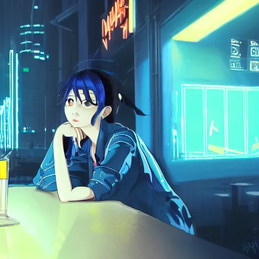 Image similar to beautiful anime painting of a woman with dark - blue hair sitting in a cyberpunk cafe, neon lights outside, by makoto shinkai, kimi no na wa, artstation, atmospheric, high detail