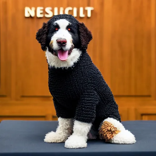 Image similar to a closeup photorealistic photograph of a cute smiling knitted bernedoodle judge dog dressed in a black gown, presiding over the courthouse. indoor image, professional capture, well lit shot. this 4 k hd image is trending on artstation, featured on behance, well - rendered, extra crisp, features intricate detail, epic composition and the style of unreal engine.