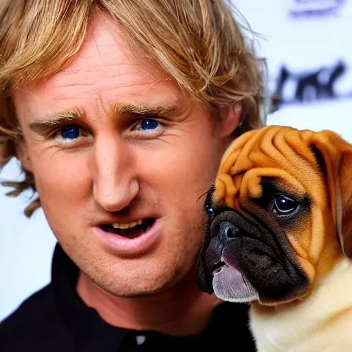 Image similar to 50mm photo, Owen Wilson saying wow holding a boxer puppy