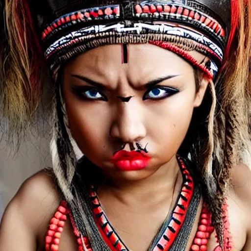 Image similar to hot tribal warrior cute girl big eyes pouty lips tanned skin white hair