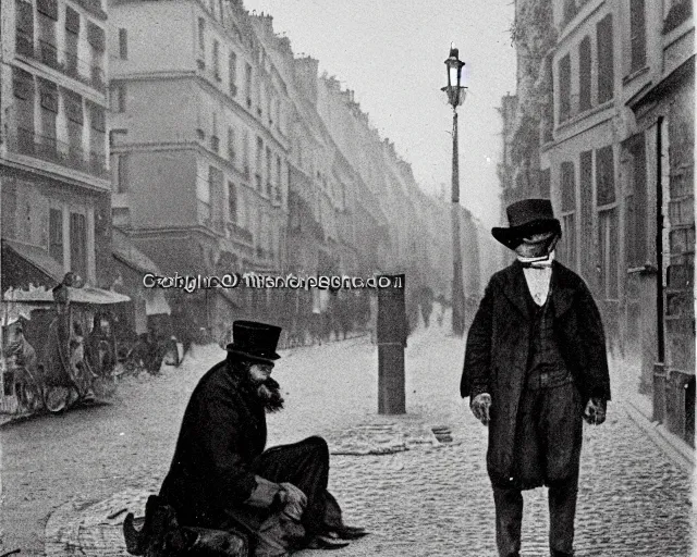 Prompt: a ragged clothed man begging on a street in early 2 0 th century paris. he has a top hat. street lights. evening. warm atmosphere. epic scene.