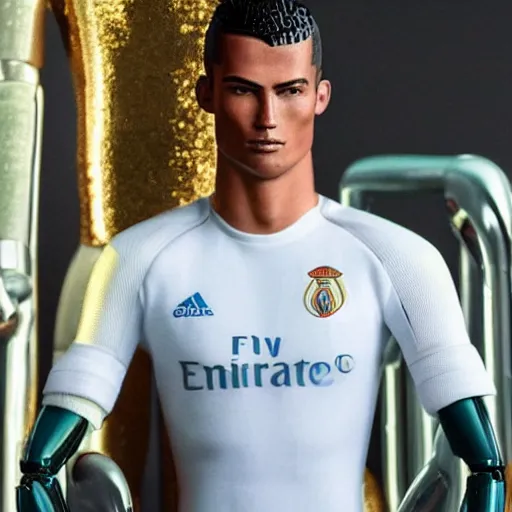 Image similar to a realistic detailed photo of a guy who is an attractive humanoid who is half robot and half humanoid, who is a male android, soccer player cristiano ronaldo, shiny skin, posing like a statue, blank stare, by the pool, on display, showing off his muscles, humanoid robot, gold soccer shorts