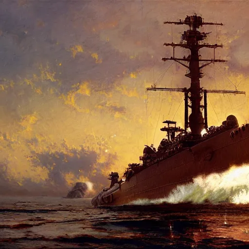 Prompt: detailed cinematic wide shot of world war 2 battleship, ultra realistic, spring light, painting by gaston bussiere, craig mullins, j. c. leyendecker