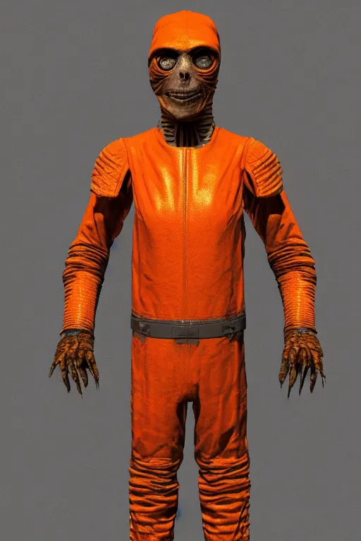 Prompt: vintage 35mm photo of an ancient mummy wearing a technical orange leather nasa spacesuit in the style of star wars and henson creature shop, cosmic, nightmare, creepy, grimy, filthy, broken, fantasy, 8k, unreal engine, octane render