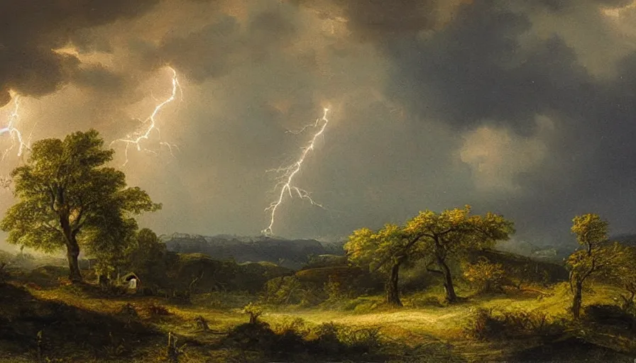 Image similar to A beautiful, highly-detailed oil painting of a rainy landscape; with lightning striking a lonely oak tree