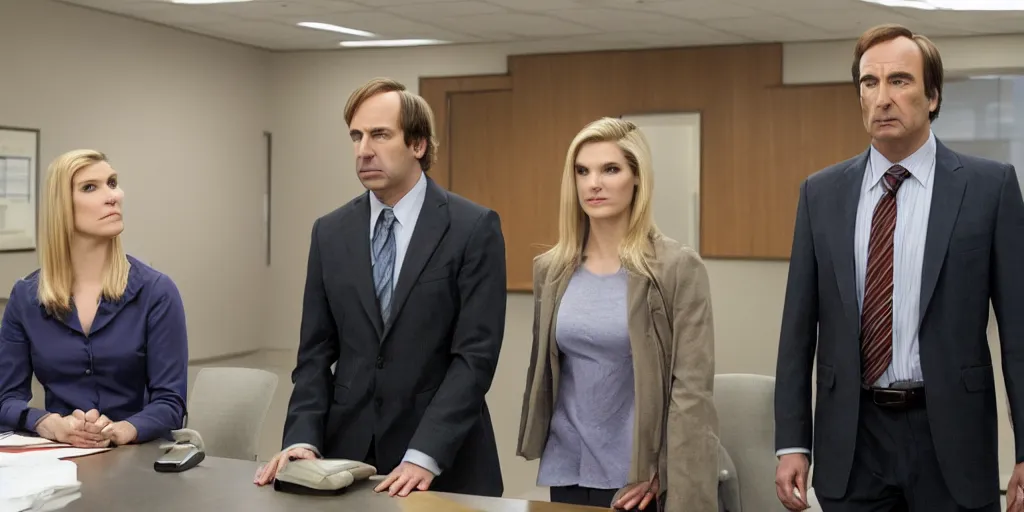 Image similar to saul goodman and kim wexler in severance office setting