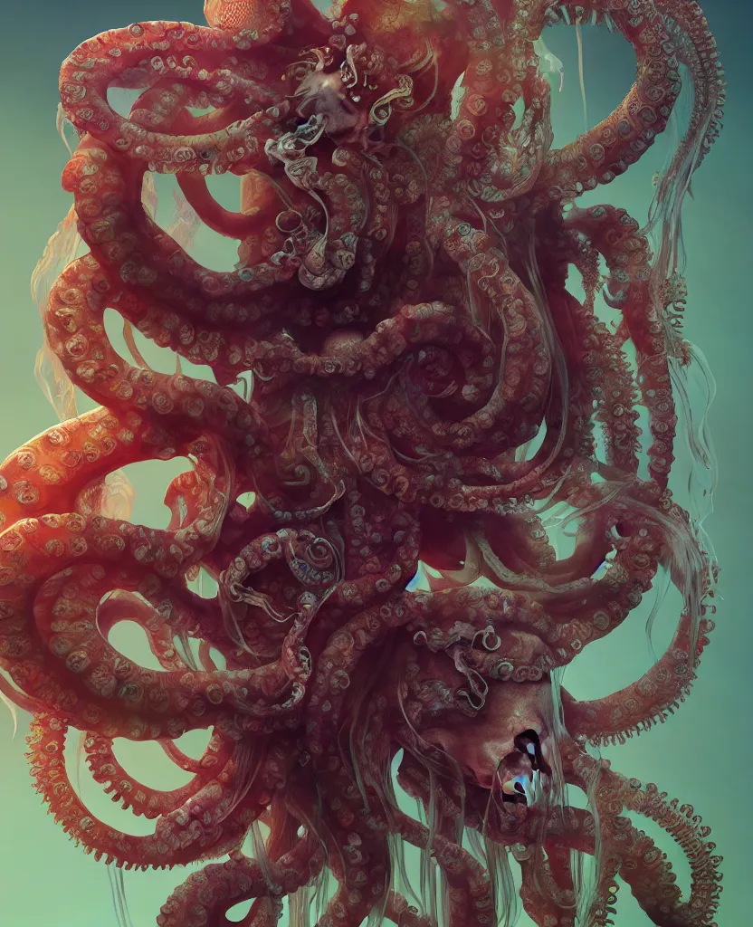 Prompt: goddess close - up portrait human skeleton, ram skull, octopus, jellyfish, orchid, betta fish, bioluminiscent, intricate artwork by tooth wu and wlop and beeple. octane render, trending on artstation, greg rutkowski very coherent symmetrical artwork. cinematic, hyper realism, high detail, octane render, 8 k