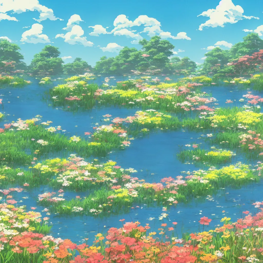 Image similar to a beautiful lake with blooming flowers, sunshine, warm colors, relaxing, calm, cozy, peaceful, by mamoru hosoda, hayao miyazaki, makoto shinkai