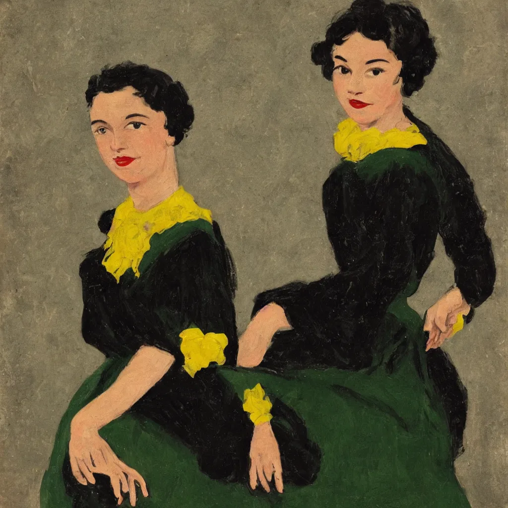 Prompt: a portrait of a young woman from the fifties, seated in front of a landscape background, her black hair is a long curly, she wears a dark green dress pleated in the front with yellow sleeves, puts her right hand on her left hand, mannerism