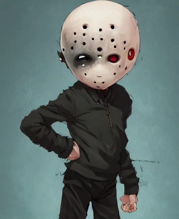 Image similar to cute little boy with black hair anime character inspired by jason voorhees, art by rossdraws, wlop, ilya kuvshinov, artgem lau, sakimichan, jakub rebelka and makoto shinkai, anatomically correct, extremely coherent, highly detailed, sharp focus, slasher movies, smooth, very realistic, symmetrical