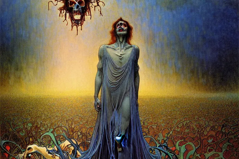 Image similar to realistic detailed portrait painting of a beautiful male zombie, nightly graveyard landscape background by Jean Delville, Amano, Yves Tanguy, Alphonse Mucha, Ernst Haeckel, Edward Robert Hughes, Roger Dean, masterpiece, cinematic composition, dramatic pose, 4k details, rich moody colours, blue eyes