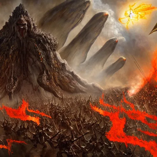 Image similar to an army of demons flying out of a volcano with flag bearers and trumpeters, intricate detail, royo, vallejo, frazetta, giger, klimt, miro, whealan, hd, unreal engine,
