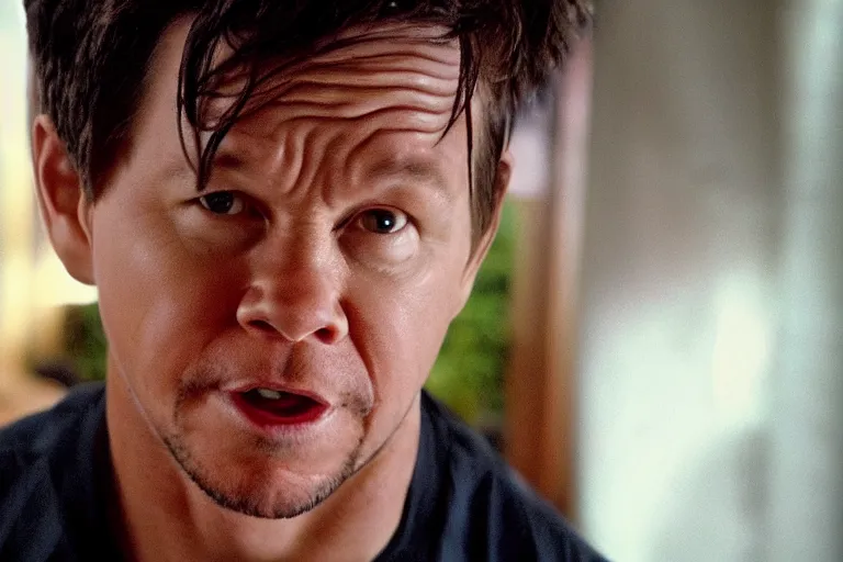 Image similar to mark wahlberg as matt daemon, all faces are distorted contorted, shock, repulsion, disgust, frustration, annoyance, laughter, smirk, snicker, cinematic still, movie still, long lens, shallow depth of field, bokeh, anamorphic lens flare, 8 k